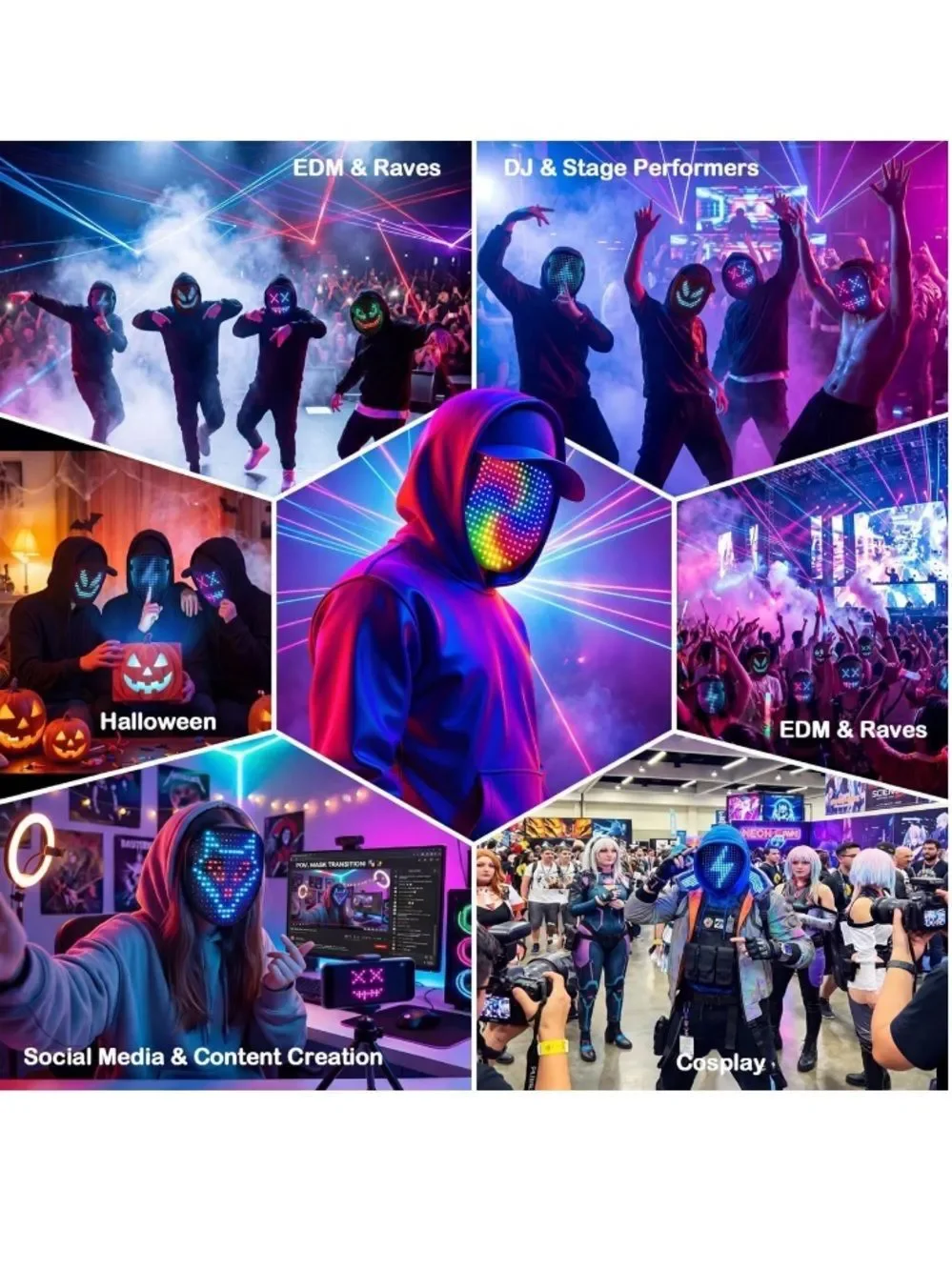 LED Light Up Face Mask with Gesture Sensing Halloween Party Rechargeable NEW